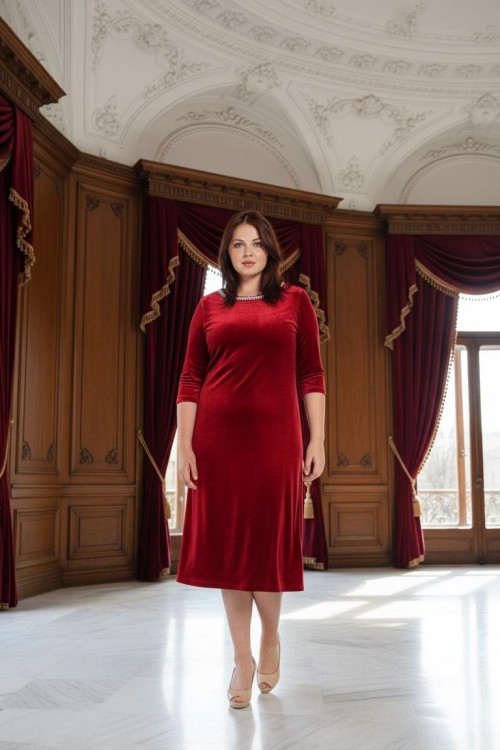 Nidya Moda Büyük Beden  Kadın Kırmızı İncili Yaka Kadife Abiye Elbise-4074K