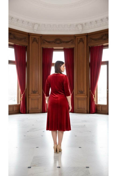 Nidya Moda Büyük Beden  Kadın Kırmızı İncili Yaka Kadife Abiye Elbise-4074K
