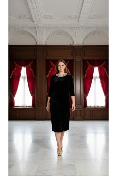 Nidya Moda Büyük Beden  Kadın Siyah Yaka  İncili Kadife Abiye Elbise-4074S