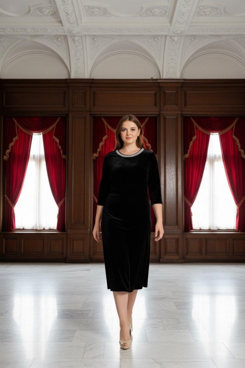 Nidya Moda Büyük Beden  Kadın Siyah Yaka  İncili Kadife Abiye Elbise-4074S