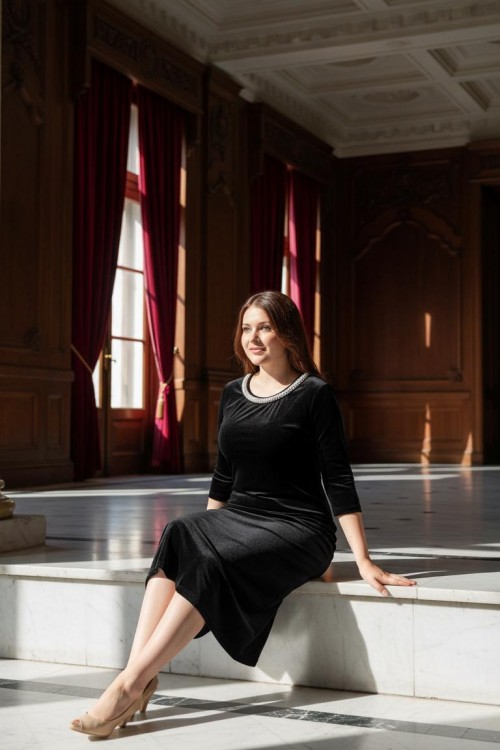 Nidya Moda Büyük Beden  Kadın Siyah Yaka  İncili Kadife Abiye Elbise-4074S