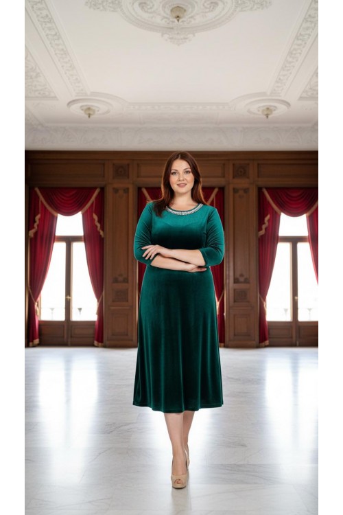 Nidya Moda Büyük Beden Kadın Yeşil İncili  Yaka Kadife Abiye Elbise-4074Y