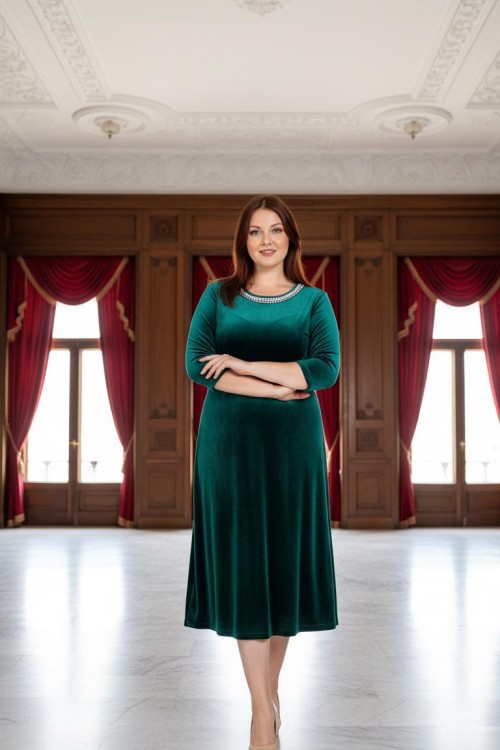 Nidya Moda Büyük Beden Kadın Yeşil İncili  Yaka Kadife Abiye Elbise-4074Y