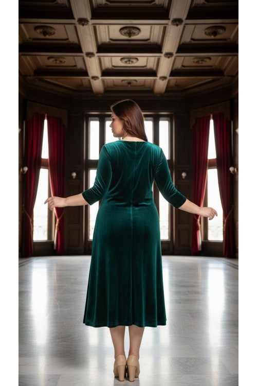 Nidya Moda Büyük Beden Kadın Yeşil İncili  Yaka Kadife Abiye Elbise-4074Y