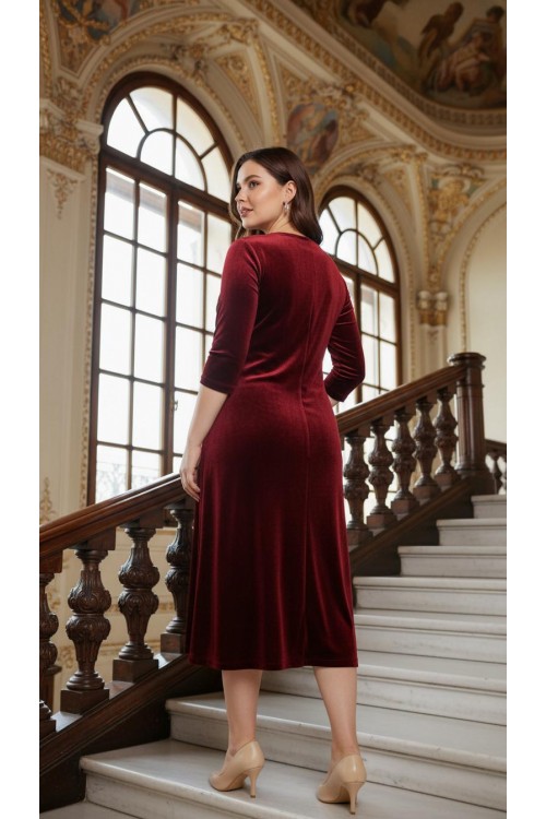 Nidya Moda Büyük Beden Kadın Bordo Çiçek Yaka Kadife Abiye Elbise-4075B