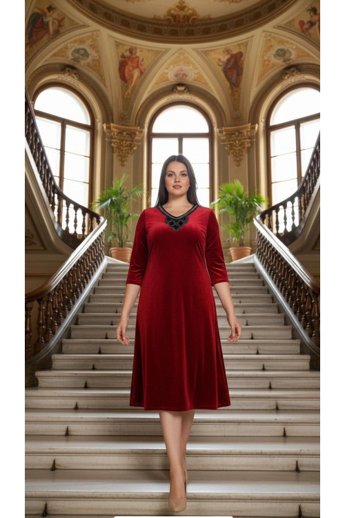 Nidya Moda Büyük Beden Kadın Kırmızı Çiçek Yaka Kadife Abiye Elbise-4075K