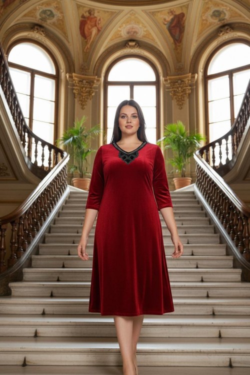 Nidya Moda Büyük Beden Kadın Kırmızı Çiçek Yaka Kadife Abiye Elbise-4075K Nidya Moda Büyük Beden Kadın Kırmızı Çiçek Yaka Kadife Abiye Elbise-4075K