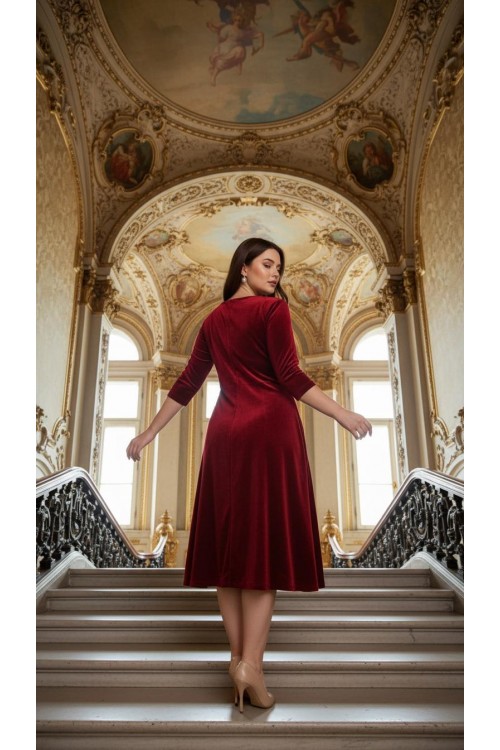 Nidya Moda Büyük Beden Kadın Kırmızı Çiçek Yaka Kadife Abiye Elbise-4075K