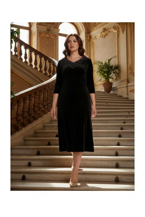Nidya Moda Büyük Beden Kadın Siyah Çiçek Yaka Kadife Abiye Elbise-4075S