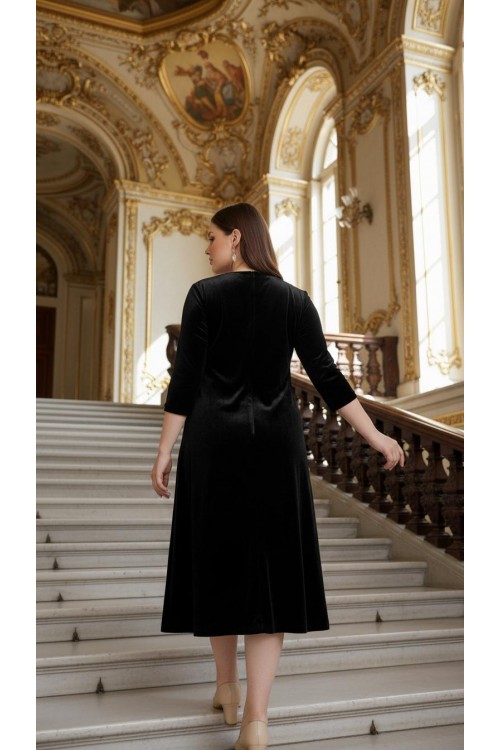 Nidya Moda Büyük Beden Kadın Siyah Çiçek Yaka Kadife Abiye Elbise-4075S