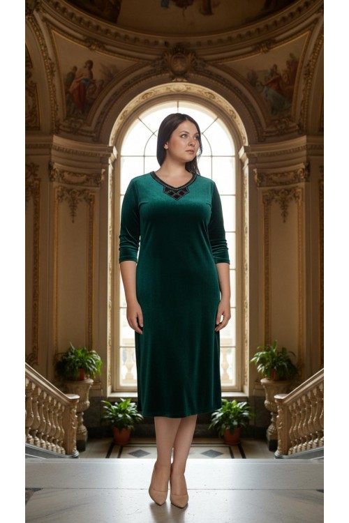 Nidya Moda Büyük Beden Kadın Yeşil Çiçek Yaka Kadife Abiye Elbise-4075Y