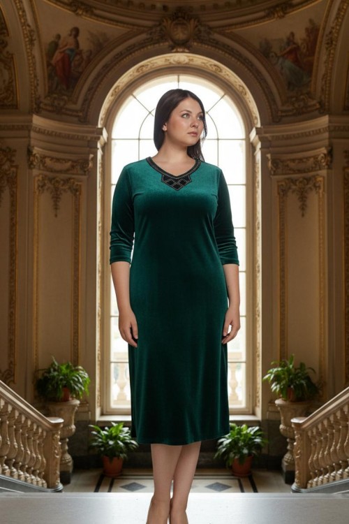 Nidya Moda Büyük Beden Kadın Yeşil Çiçek Yaka Kadife Abiye Elbise-4075Y