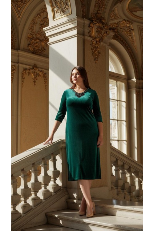 Nidya Moda Büyük Beden Kadın Yeşil Çiçek Yaka Kadife Abiye Elbise-4075Y