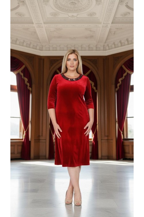 Nidya Moda Büyük Beden Kadın Kırmızı  Çiçekli Bahar Yaka Kadife Abiye Elbise-4076AK