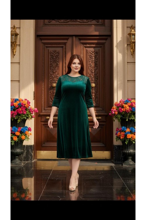 Nidya Moda Büyük Beden Kadın Yeşil Roba Manşet  Dantelli Kadife Abiye Elbise-4078KY