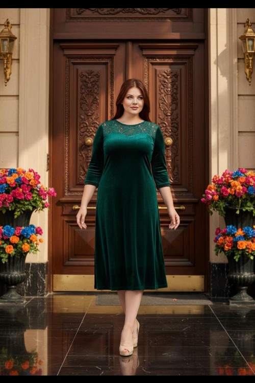 Nidya Moda Büyük Beden Kadın Yeşil Roba Manşet  Dantelli Kadife Abiye Elbise-4078KY