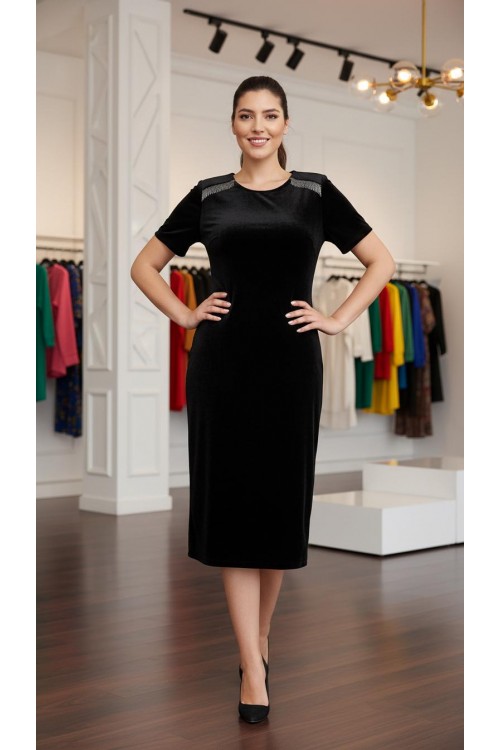 Nidya Moda Büyük Beden Kadın Siyah Zincirli Kadife Abiye Elbise-4122s