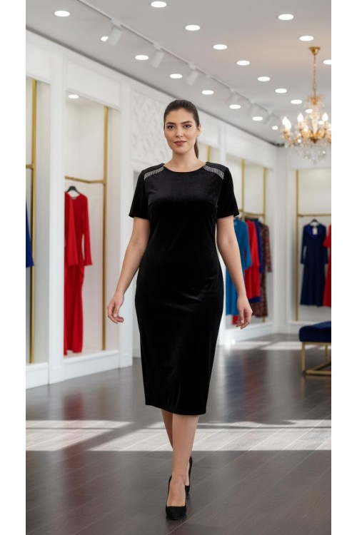 Nidya Moda Büyük Beden Kadın Siyah Zincirli Kadife Abiye Elbise-4122s