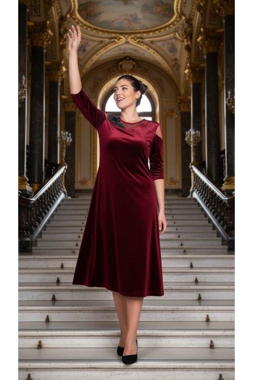 Nidya Moda Büyük Beden Kadın Bordo Çiçek Motifli Tül Kombin  Kadife Abiye Elbise-4123B