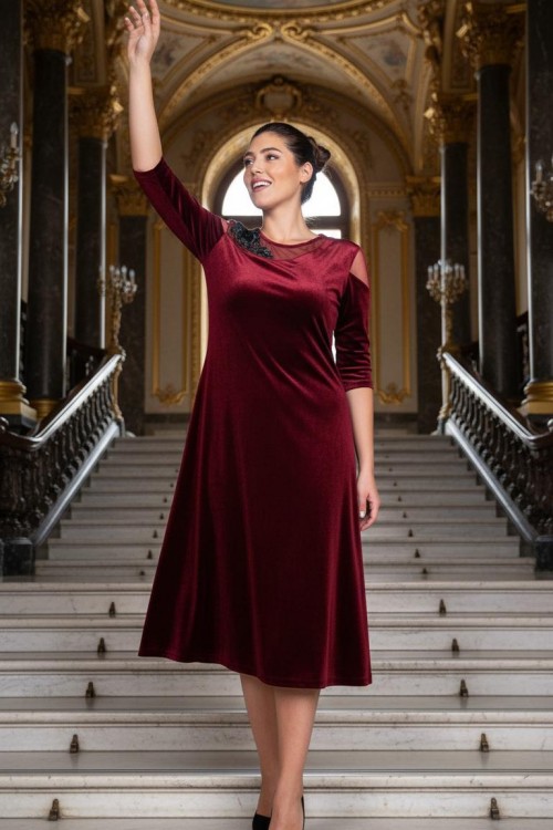 Nidya Moda Büyük Beden Kadın Bordo Çiçek Motifli Tül Kombin  Kadife Abiye Elbise-4123B