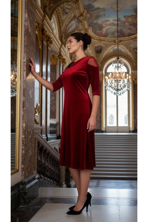 Nidya Moda Büyük Beden Kadın Bordo Çiçek Motifli Tül Kombin  Kadife Abiye Elbise-4123B