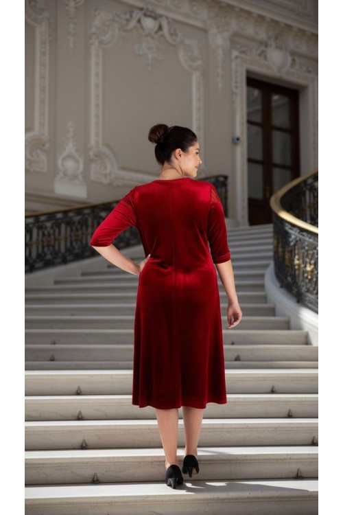 Nidya Moda Büyük Beden Kadın Kırmızı Çiçek Motifli Tül Kombin  Kadife Abiye Elbise-4123K