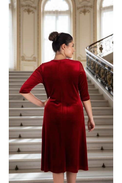 Nidya Moda Büyük Beden Kadın Kırmızı Çiçek Motifli Tül Kombin  Kadife Abiye Elbise-4123K