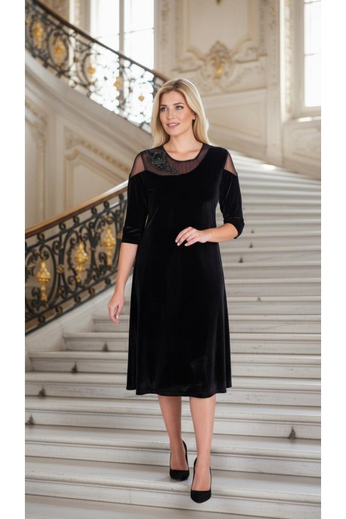 Nidya Moda  Büyük Beden Kadın Siyah Çiçek Motifli Tül Kombin  Kadife Abiye Elbise-4123S