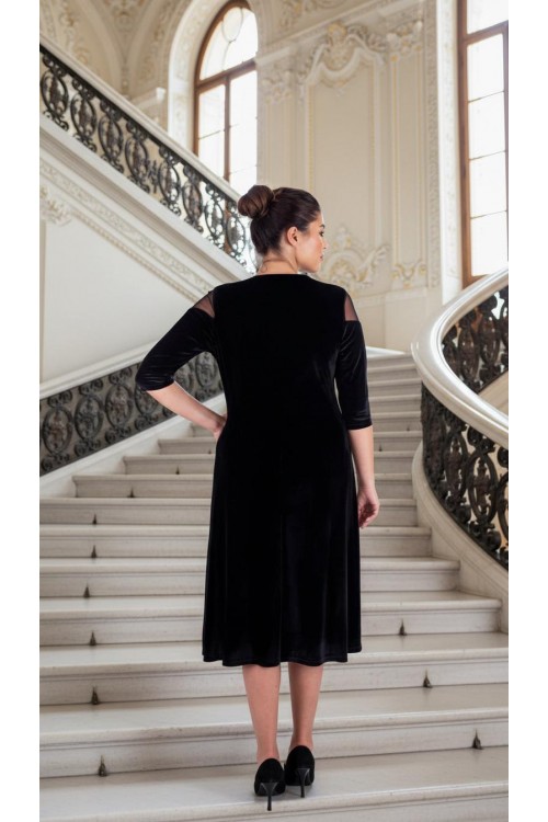 Nidya Moda  Büyük Beden Kadın Siyah Çiçek Motifli Tül Kombin  Kadife Abiye Elbise-4123S