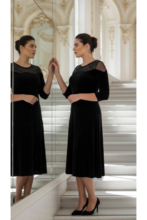 Nidya Moda  Büyük Beden Kadın Siyah Çiçek Motifli Tül Kombin  Kadife Abiye Elbise-4123S