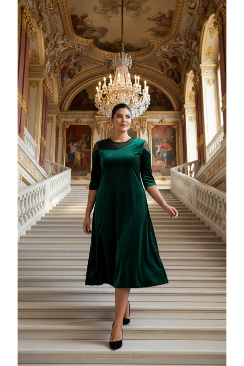 Nidya Moda Büyük Beden Kadın Yeşil Çiçek Motifli Tül Kombin  Kadife Abiye Elbise-4123Y