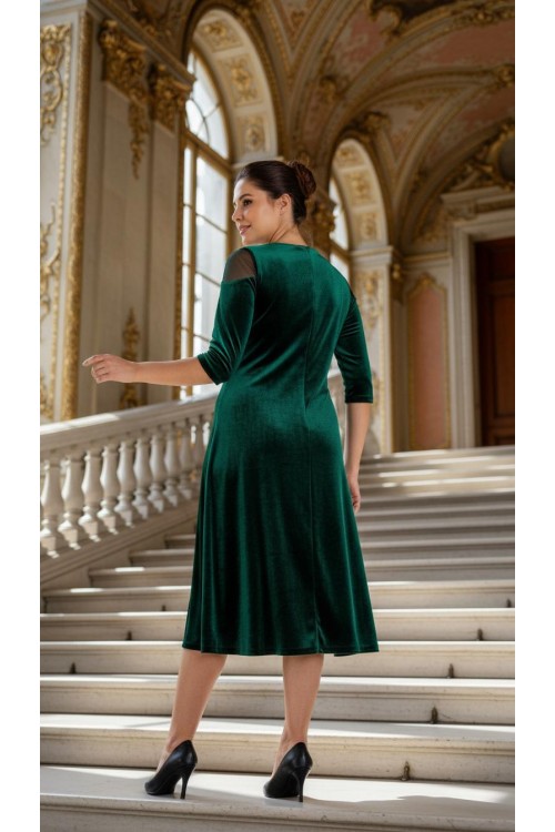 Nidya Moda Büyük Beden Kadın Yeşil Çiçek Motifli Tül Kombin  Kadife Abiye Elbise-4123Y