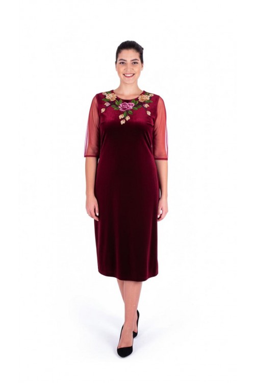 Nidya Moda Büyük Beden Kadın Bordo Roba Kol Tül l Gül Aplik Yaka  Kadife Abiye Elbise-4125B