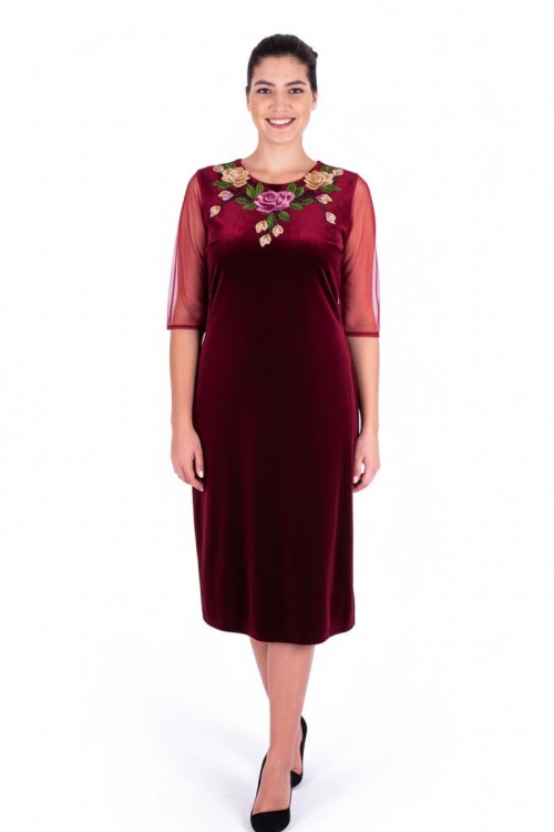 Nidya Moda Büyük Beden Kadın Bordo Roba Kol Tül l Gül Aplik Yaka  Kadife Abiye Elbise-4125B