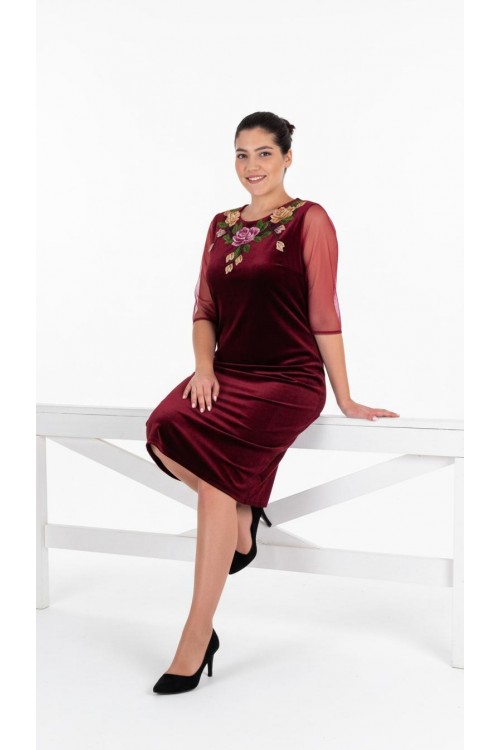 Nidya Moda Büyük Beden Kadın Bordo Roba Kol Tül l Gül Aplik Yaka  Kadife Abiye Elbise-4125B