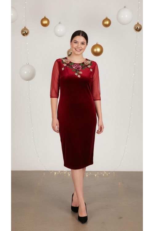 Nidya Moda Büyük Beden Kadın Kırmızı  Roba Kol Tül Gül Aplik Yaka Kadife Abiye Elbise-4125K