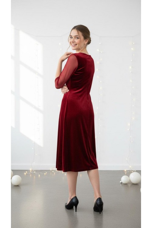 Nidya Moda Büyük Beden Kadın Kırmızı  Roba Kol Tül Gül Aplik Yaka Kadife Abiye Elbise-4125K