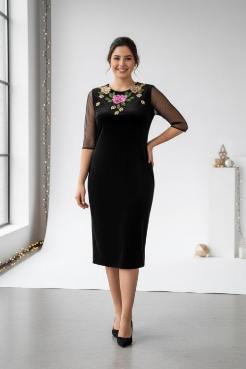 Nidya Moda Büyük Beden Kadın Siyah Roba Kol Tül Gül Aplik Yaka  Kadife Abiye Elbise-4125S