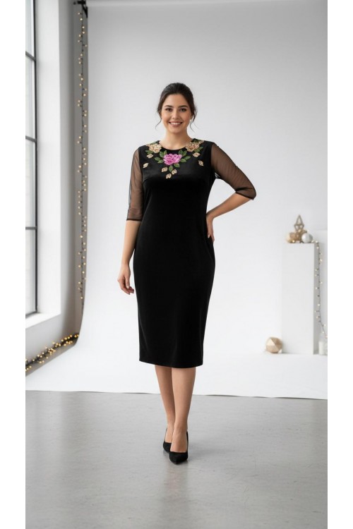 Nidya Moda Büyük Beden Kadın Siyah Roba Kol Tül Gül Aplik Yaka  Kadife Abiye Elbise-4125S