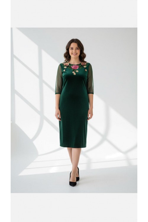 Nidya Moda Büyük Beden Kadın Yeşil Roba Kol Tül  Gül Aplik Yaka  Kadife Abiye Elbise-4125Y