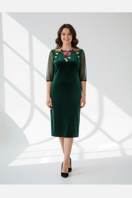 Nidya Moda Büyük Beden Kadın Yeşil Roba Kol Tül  Gül Aplik Yaka  Kadife Abiye Elbise-4125Y