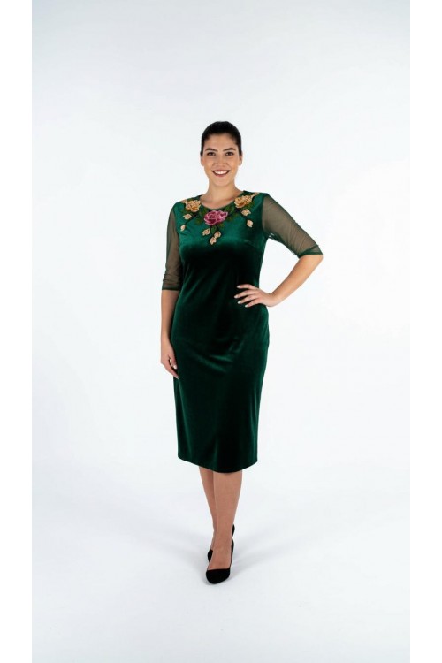 Nidya Moda Büyük Beden Kadın Yeşil Roba Kol Tül  Gül Aplik Yaka  Kadife Abiye Elbise-4125Y