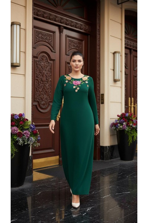 Nidya Moda Büyük Beden Kadın Yeşil Gül Aplik Yaka Örme  Uzun Abiye Elbise-4127Y