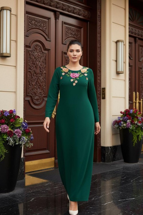 Nidya Moda Büyük Beden Kadın Yeşil Gül Aplik Yaka Örme  Uzun Abiye Elbise-4127Y