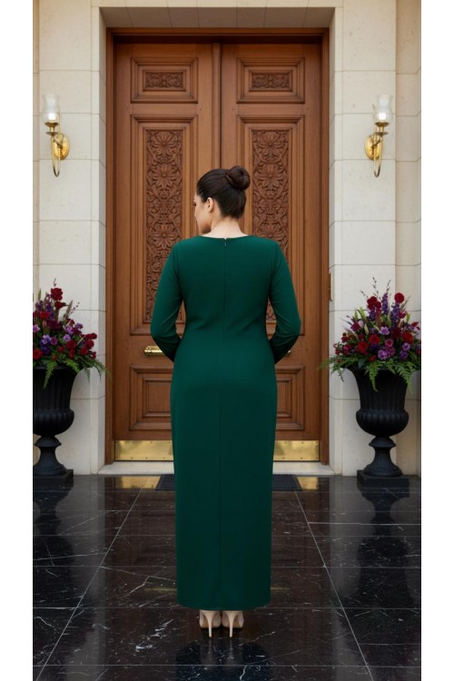 Nidya Moda Büyük Beden Kadın Yeşil Gül Aplik Yaka Örme  Uzun Abiye Elbise-4127Y