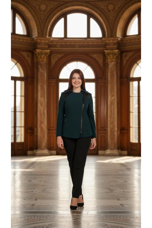 Nidya Moda Büyük Beden Kadın Yeşil Omuz Deri Şeritli   Kısa Kaban-5008Y