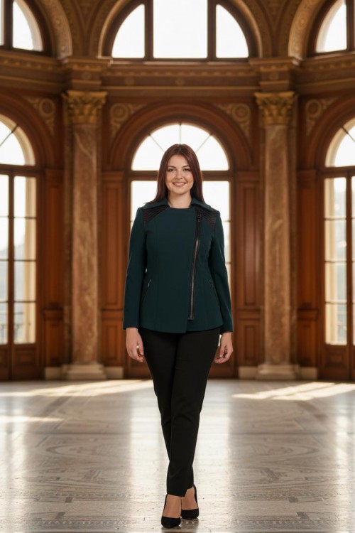 Nidya Moda Büyük Beden Kadın Yeşil Omuz Deri Şeritli   Kısa Kaban-5008Y