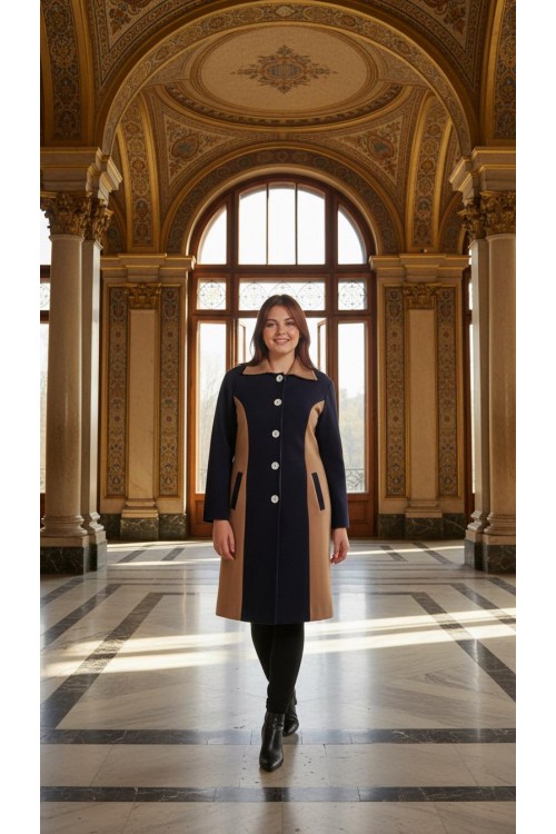 Nidya Moda Büyük Beden Kadın Siyah  Kupları Taba Kombinli Uzun  Kaban-5012SK