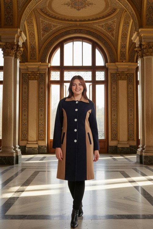 Nidya Moda Büyük Beden Kadın Siyah  Kupları Taba Kombinli Uzun  Kaban-5012SK