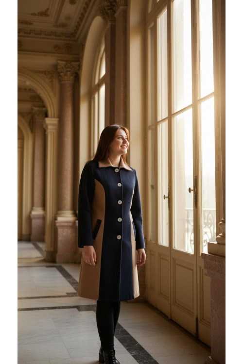 Nidya Moda Büyük Beden Kadın Siyah  Kupları Taba Kombinli Uzun  Kaban-5012SK